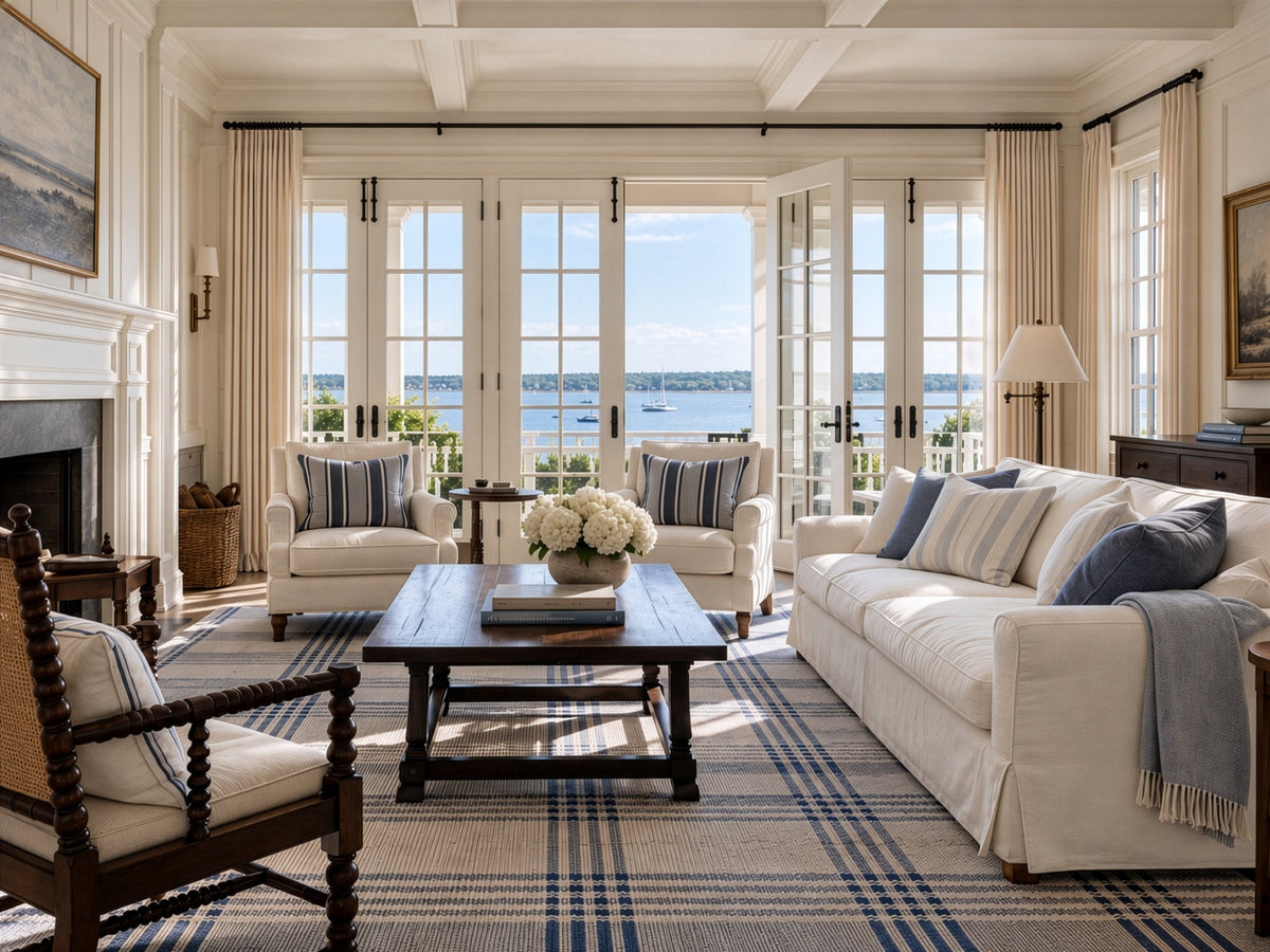 Bramley Beach House: a slipcovered sofa and two armchairs, a trestle coffee table with hydrangeas, a spindle-turned armchair, a floor lamp, and French doors opening onto a harbor with sailboats.