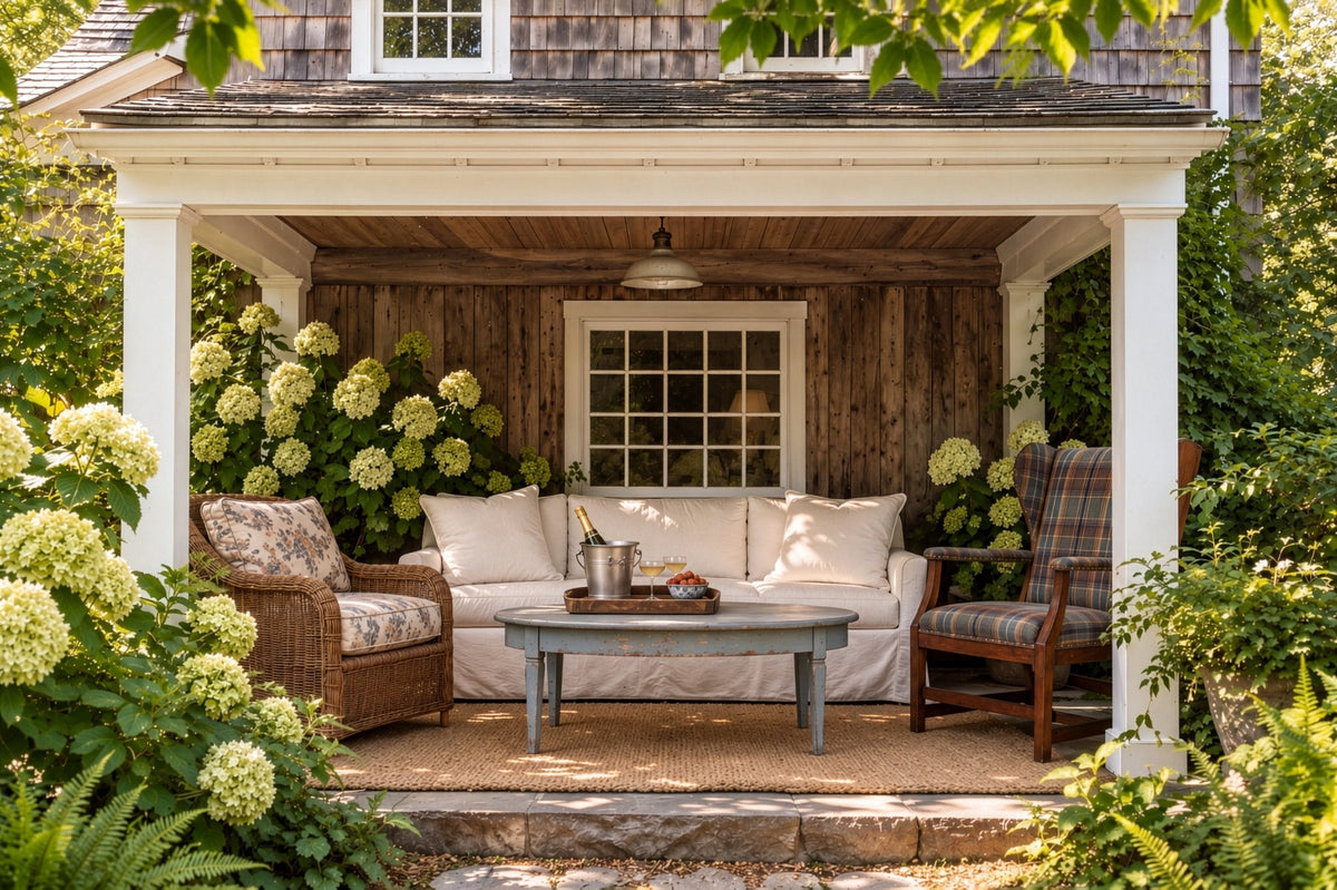 Bramley Garden House: a covered porch with a slipcovered sofa, a lounge chair, a wingback chair, and an oval coffee table set with a tray and two glasses, framed by blooming hydrangeas.