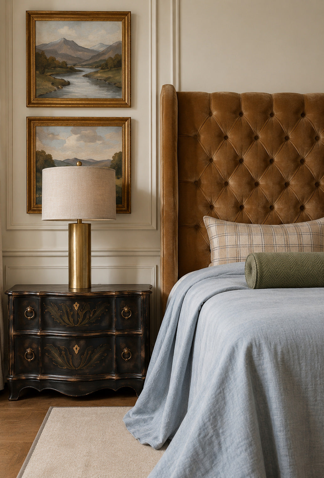 Bramley House bedroom: a tufted leather wingback bed with a black painted chest, brass lamp and framed landscapes on panelled walls.