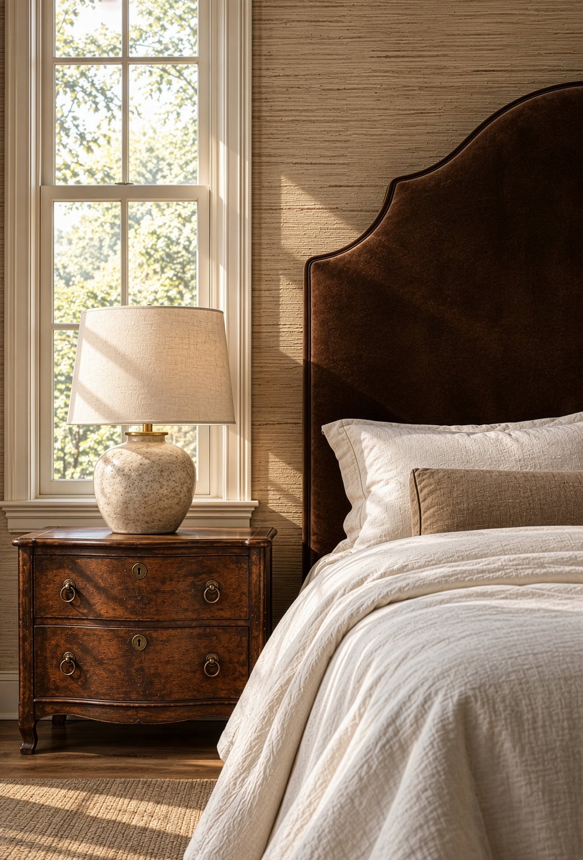 Bramley House beds and headboards: a shaped upholstered headboard beside a serpentine nightstand and a lamp at a sunlit window.