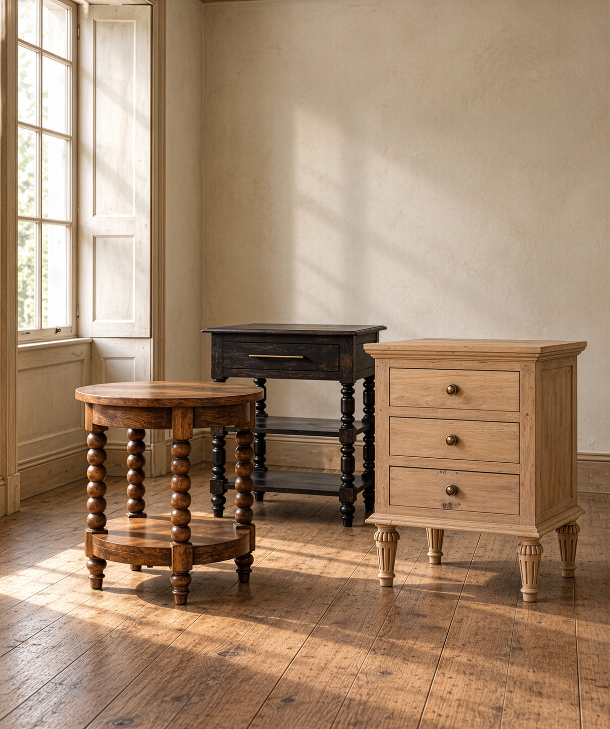 Bramley House bedside tables: a bobbin-leg round table, a two-tier side table and a three-drawer chest in a sunlit room.