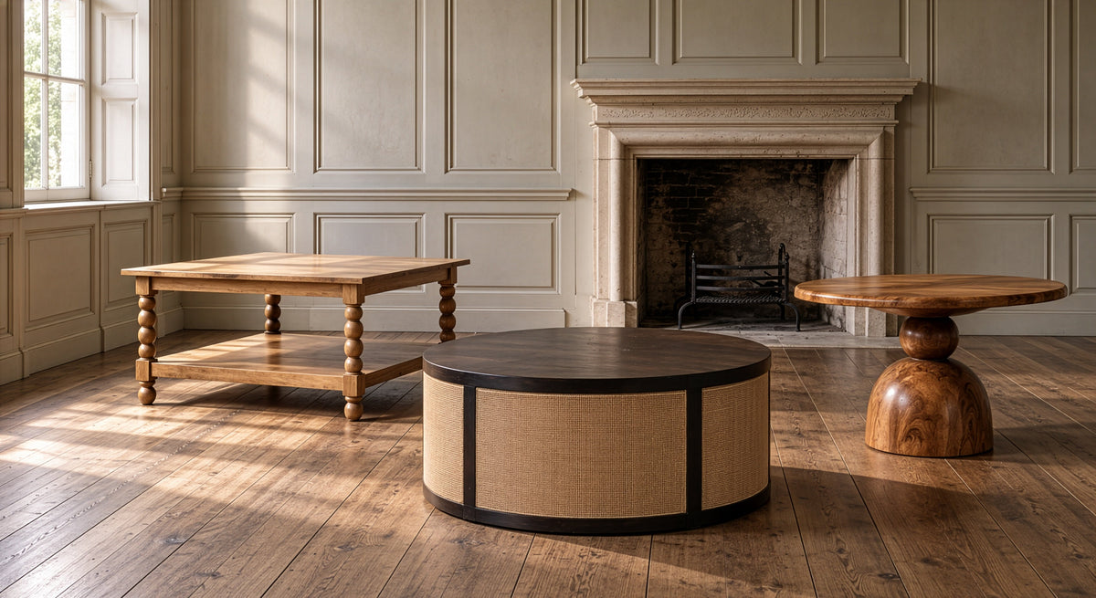 Bramley House coffee tables: a turned-leg rectangular table, a round drum table and a pedestal table before a stone fireplace.