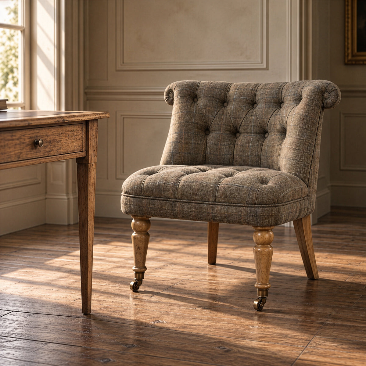 Bramley House desk chairs: a button-tufted desk chair with a scroll back on turned legs with brass castors, beside a writing desk.