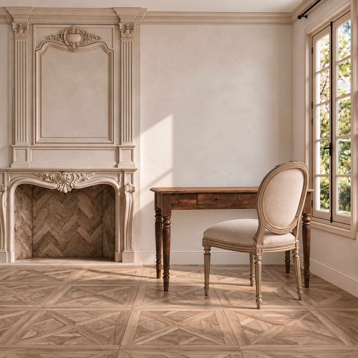 Bramley House desks: a turned-leg writing desk with an oval-back upholstered chair beside a carved stone fireplace.