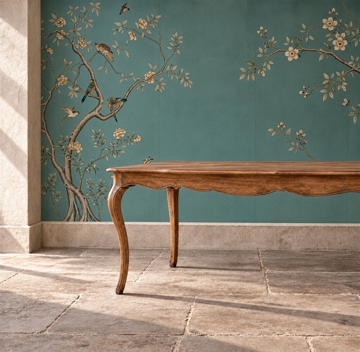 Bramley House dining tables: a cabriole-leg dining table with a scalloped apron against a hand-painted chinoiserie wall.