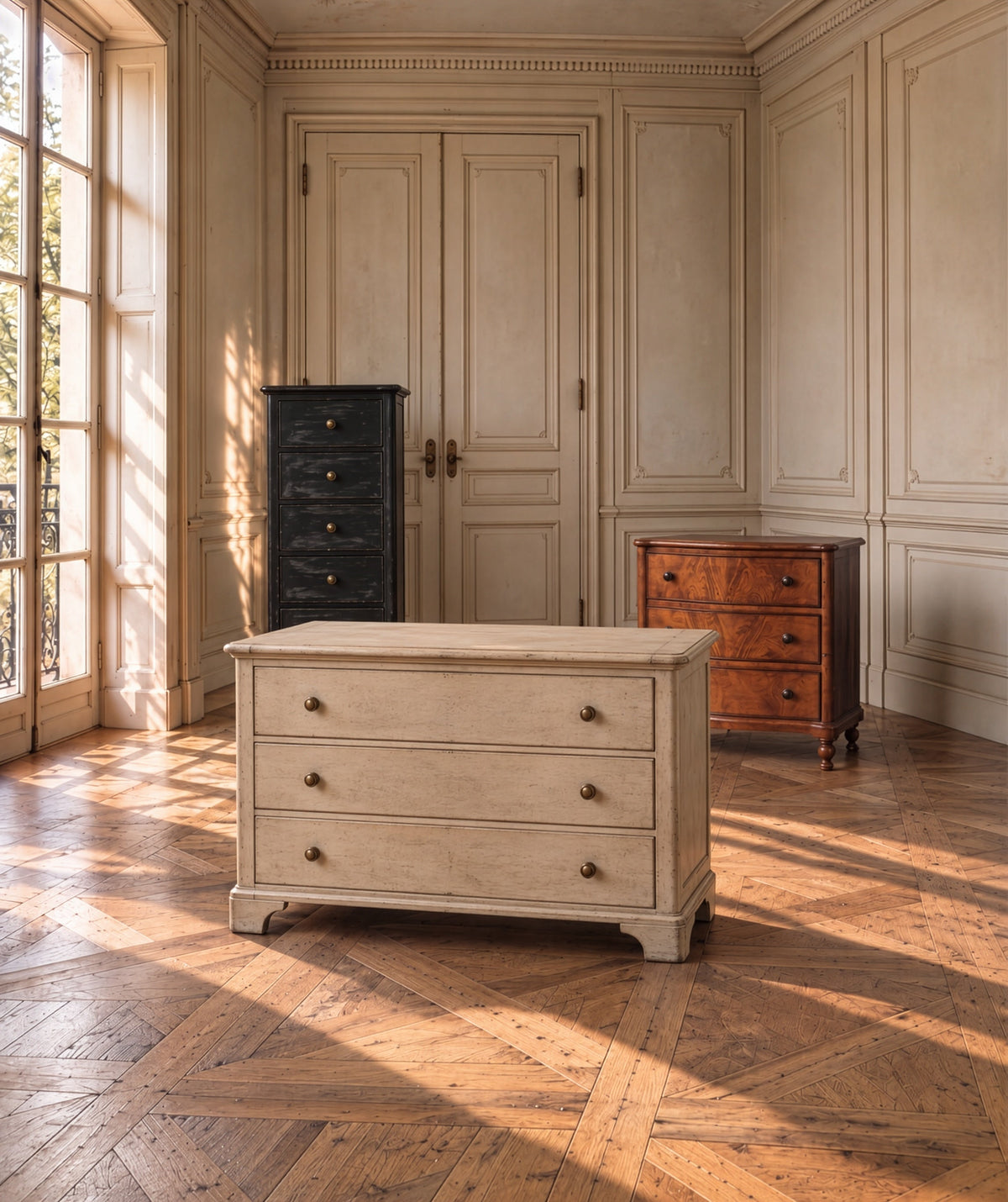 Bramley House dressers: a three-drawer chest, a tall lingerie chest and a bowfront chest in a panelled room with parquet floors.