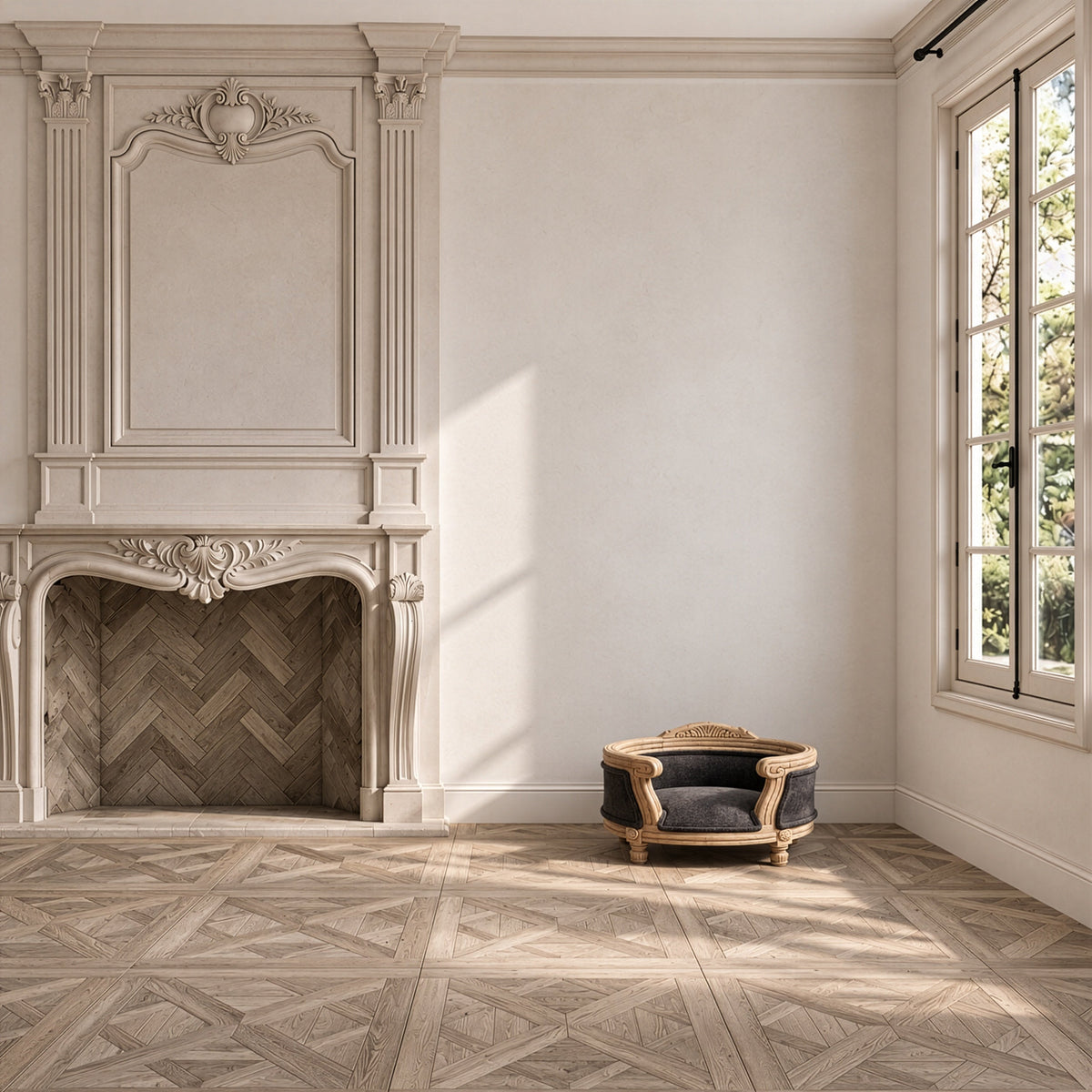 Bramley House pet furniture: a carved wood pet bed with a cushioned insert beside a carved stone fireplace on parquet floors.