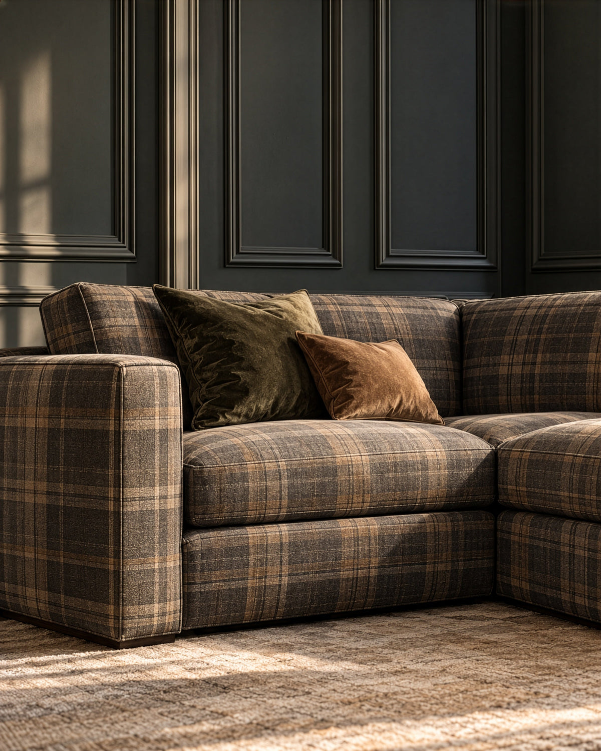 Bramley House sectionals and modular seating: a plaid upholstered corner sectional with velvet cushions against a panelled wall.