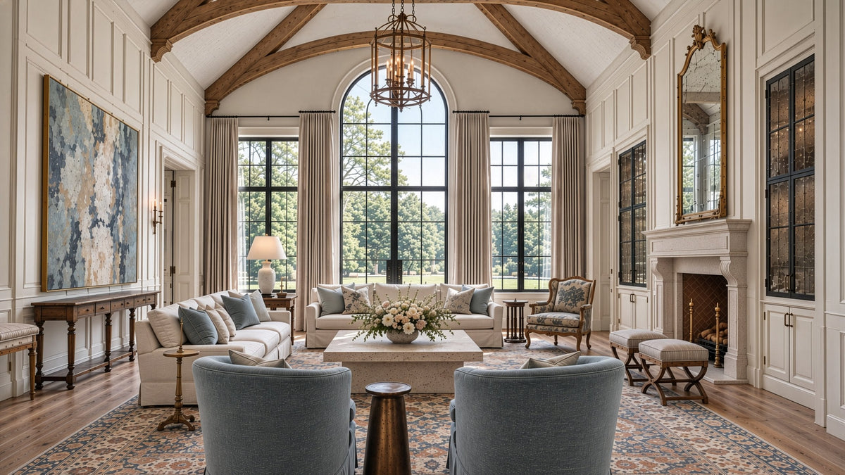 Bramley Manor House: a vaulted room with an arched window, two sofas and a pair of armchairs around a coffee table, a carved armchair, two stools by the fireplace, a console table, and a lantern chandelier.