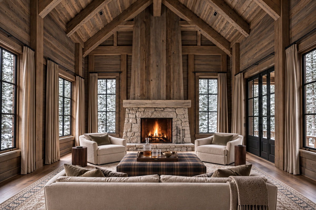 Bramley Ski House: a sofa facing two armchairs across an upholstered ottoman with a tray and decanter, a stone fireplace under a vaulted timber ceiling, and windows onto snow-covered trees.