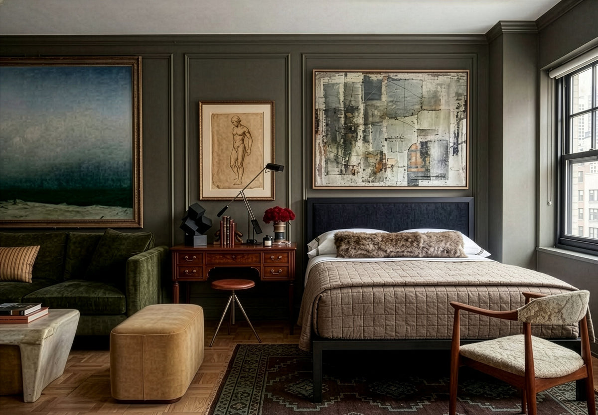 Bramley Studio House: a bed with a quilted coverlet, a writing desk with a stool and task lamp, a sofa, an upholstered bench, an armchair, a patterned rug, and framed artwork beside a city-view window.