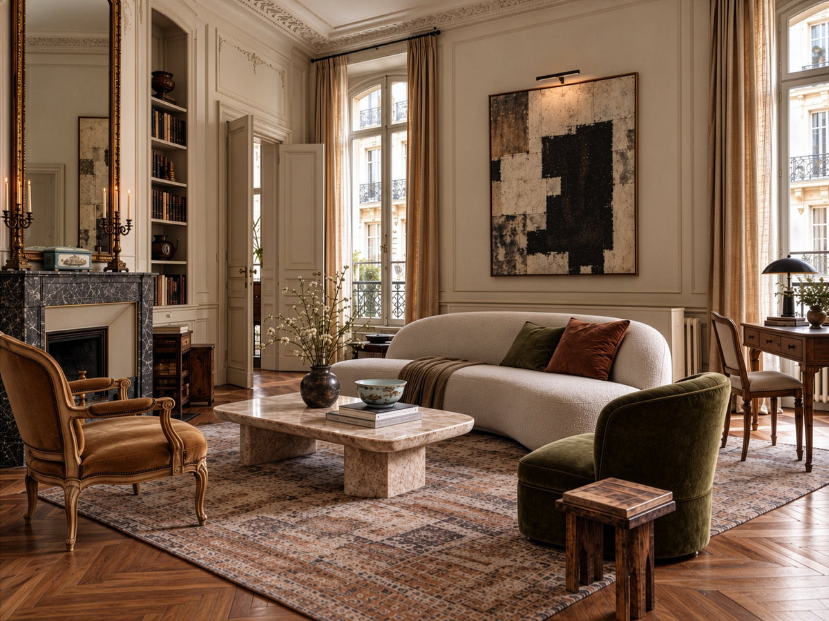 Bramley Town House: a salon with a curved sofa, a carved armchair, a club chair, a low coffee table, a writing desk with a lamp, a fireplace with candelabras and a tall mirror, and windows with balconies.