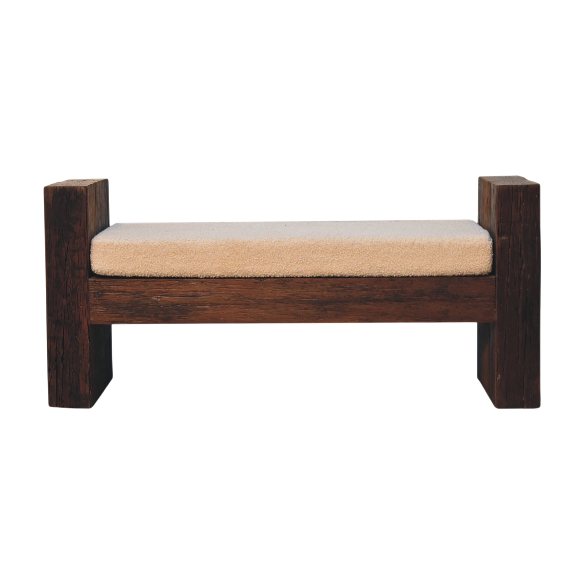 Aldeburgh Reclaimed Bench in Driftwood with Cream Bouclé, front view. Reclaimed solid timber in a pale driftwood finish, ridged edges, cream bouclé cushioned seat.