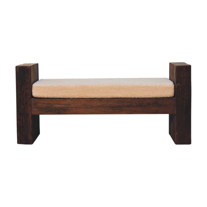 Aldeburgh Reclaimed Bench in Driftwood with Cream Bouclé, front view. Reclaimed solid timber in a pale driftwood finish, ridged edges, cream bouclé cushioned seat.