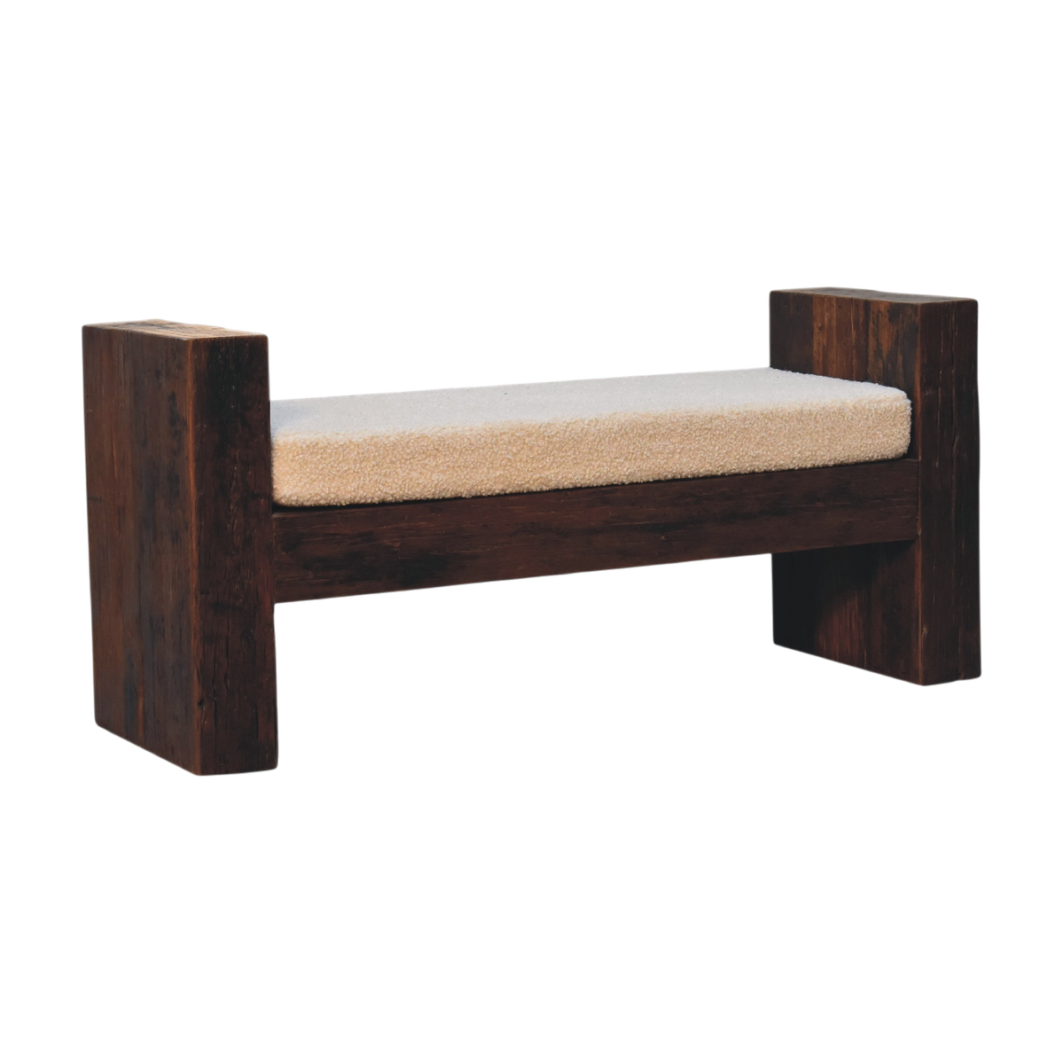 Aldeburgh Reclaimed Bench in Driftwood with Cream Bouclé, three-quarter view showing the full profile.