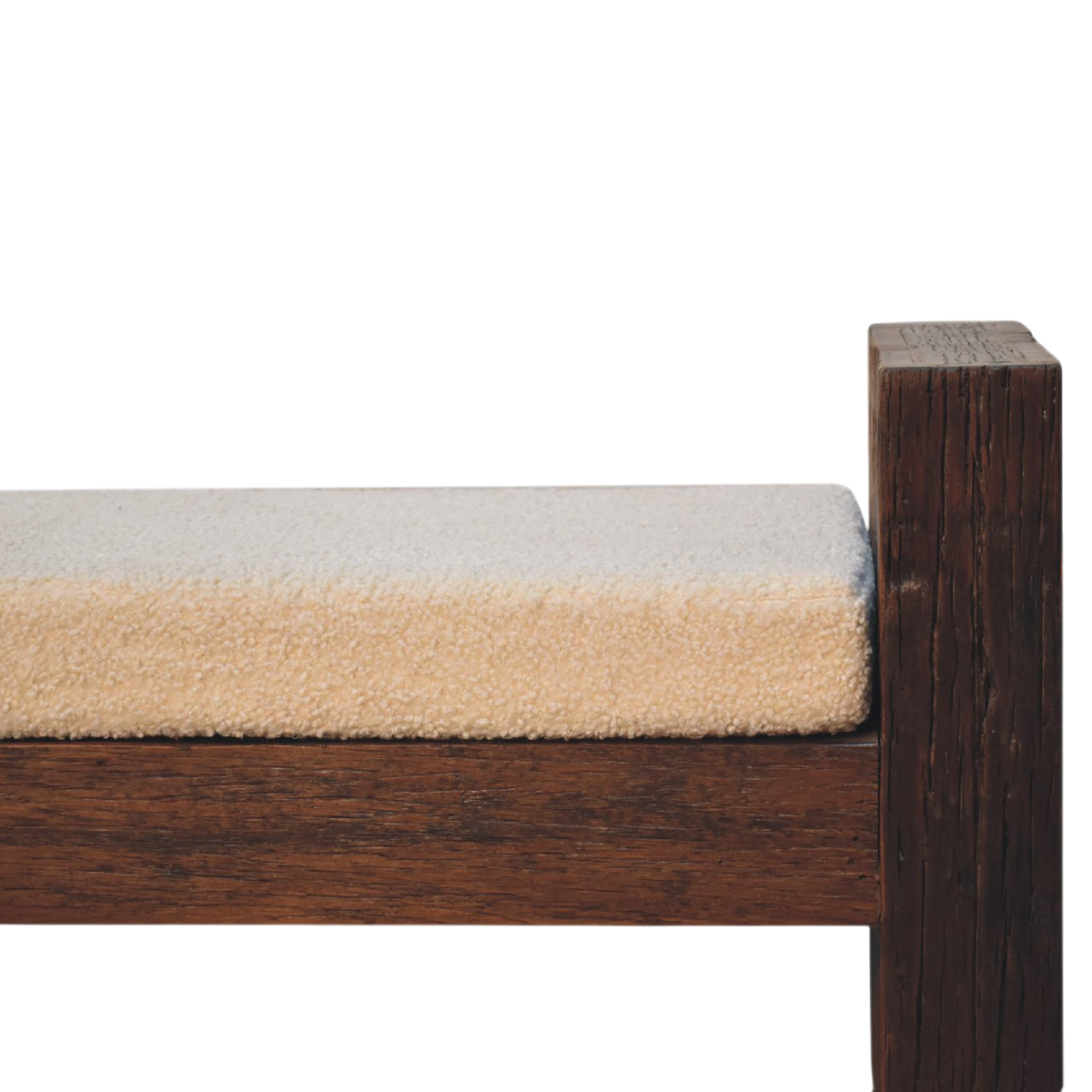 Close view of the seat on the Aldeburgh Reclaimed Bench in Driftwood with Cream Bouclé.