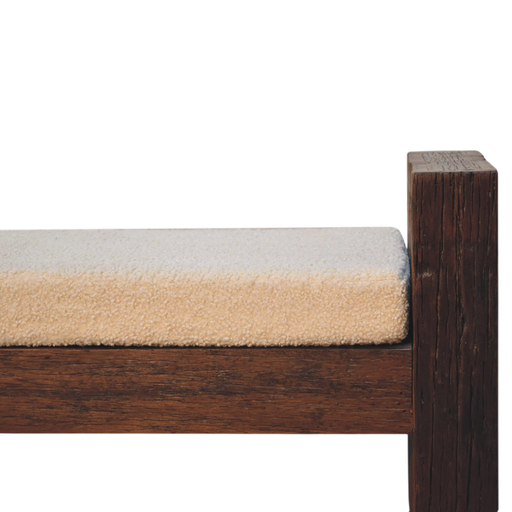 Close view of the seat on the Aldeburgh Reclaimed Bench in Driftwood with Cream Bouclé.