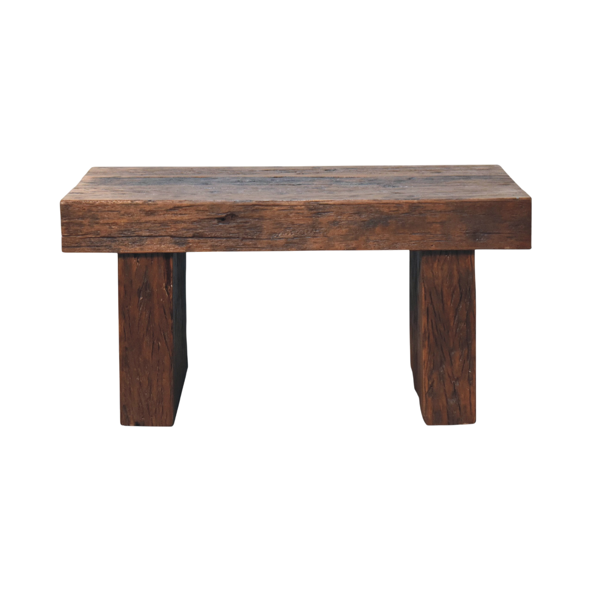 Aldeburgh Reclaimed Coffee Table in Chestnut, front view. Reclaimed solid timber in a warm chestnut finish, cube form.