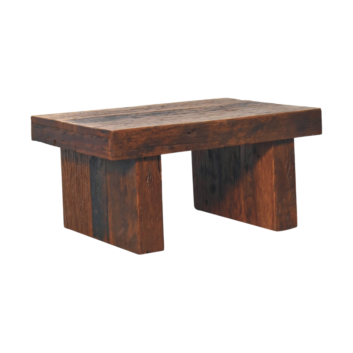 Aldeburgh Reclaimed Coffee Table in Chestnut, three-quarter view showing the full profile.