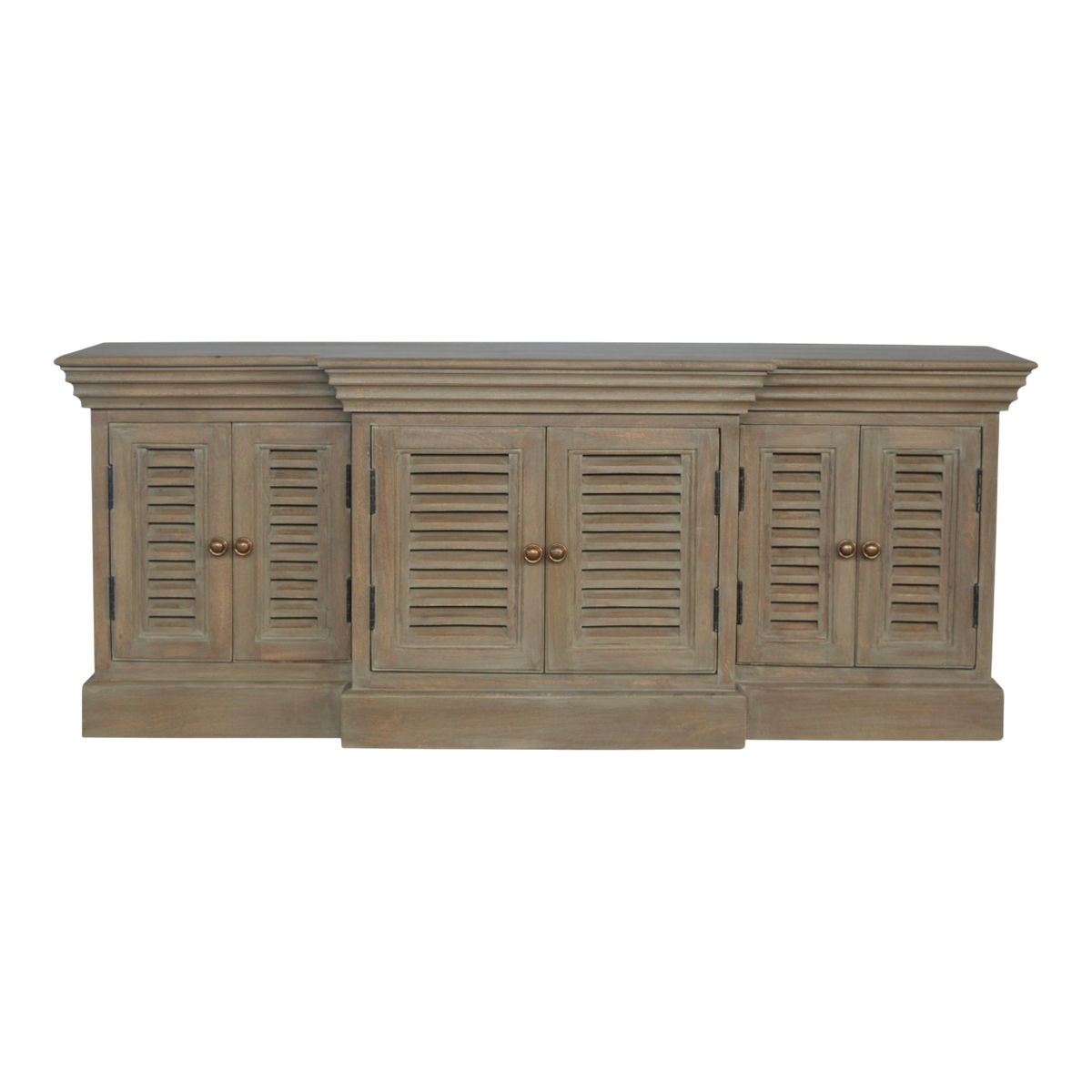 Aldeburgh TV Console in Driftwood, front view. Driftwood finish with six louvred shutter doors.