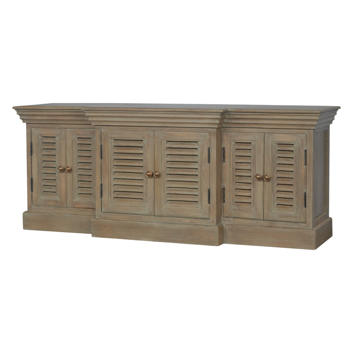 Aldeburgh TV Console in Driftwood, three-quarter view showing the full profile.