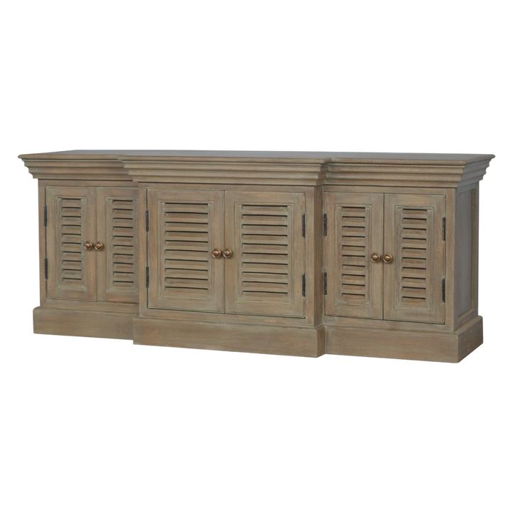 Aldeburgh TV Console in Driftwood, three-quarter view showing the full profile.