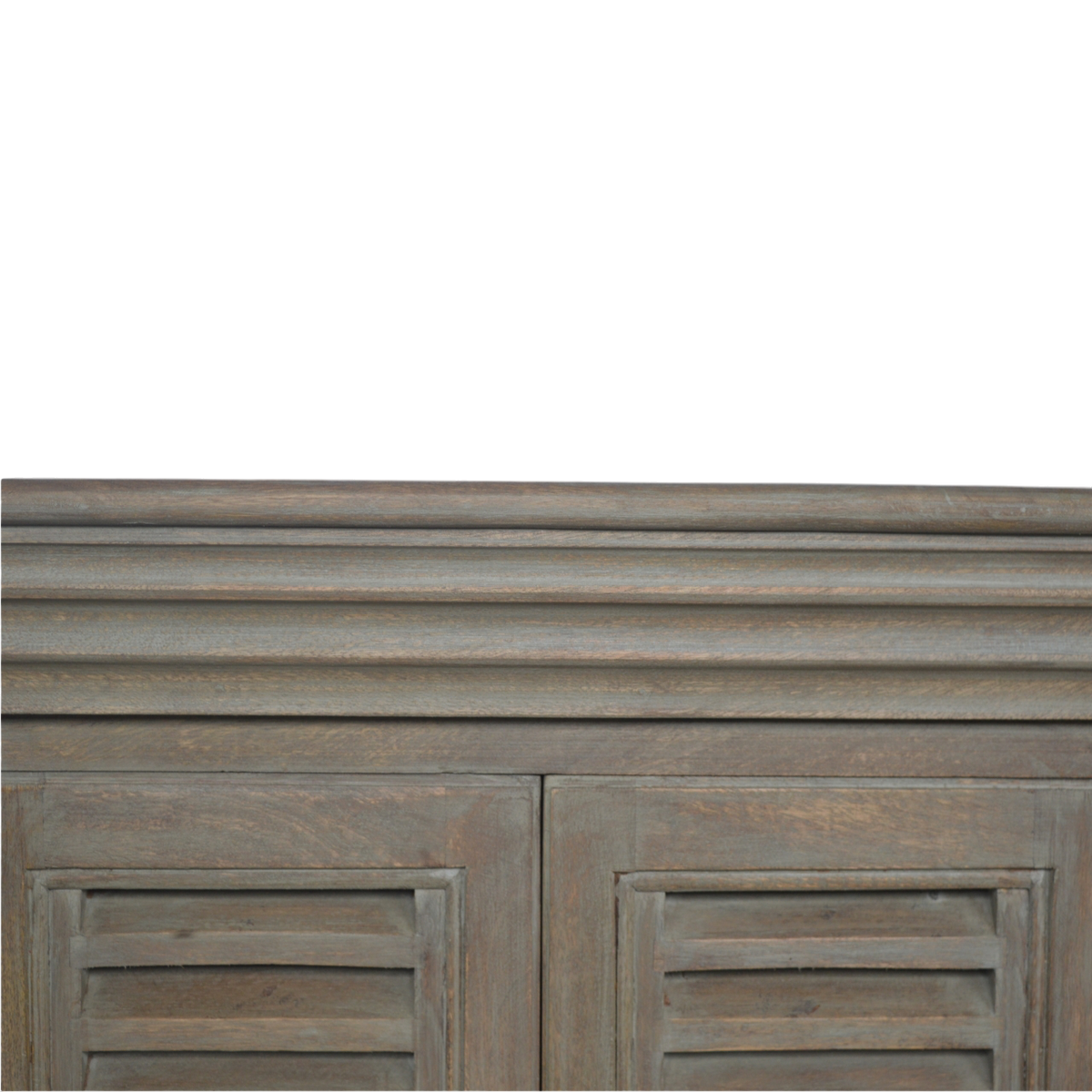 Close view of the louvred shutter doors on the Aldeburgh TV Console in Driftwood.
