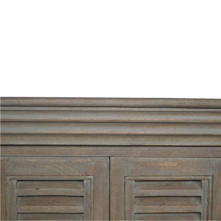 Close view of the louvred shutter doors on the Aldeburgh TV Console in Driftwood.