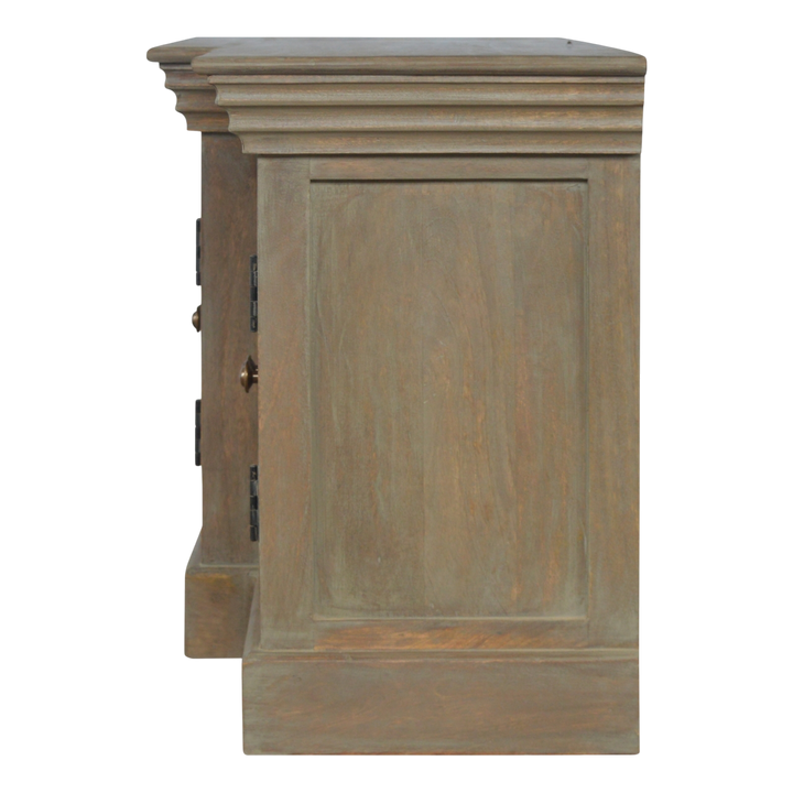 Aldeburgh TV Console in Driftwood, side view showing the depth.