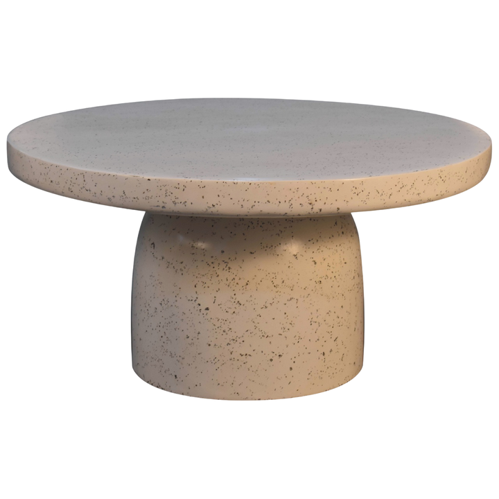 Amalfi Terrazzo Cocktail Table, front view. Speckled terrazzo top on a rounded pedestal base.