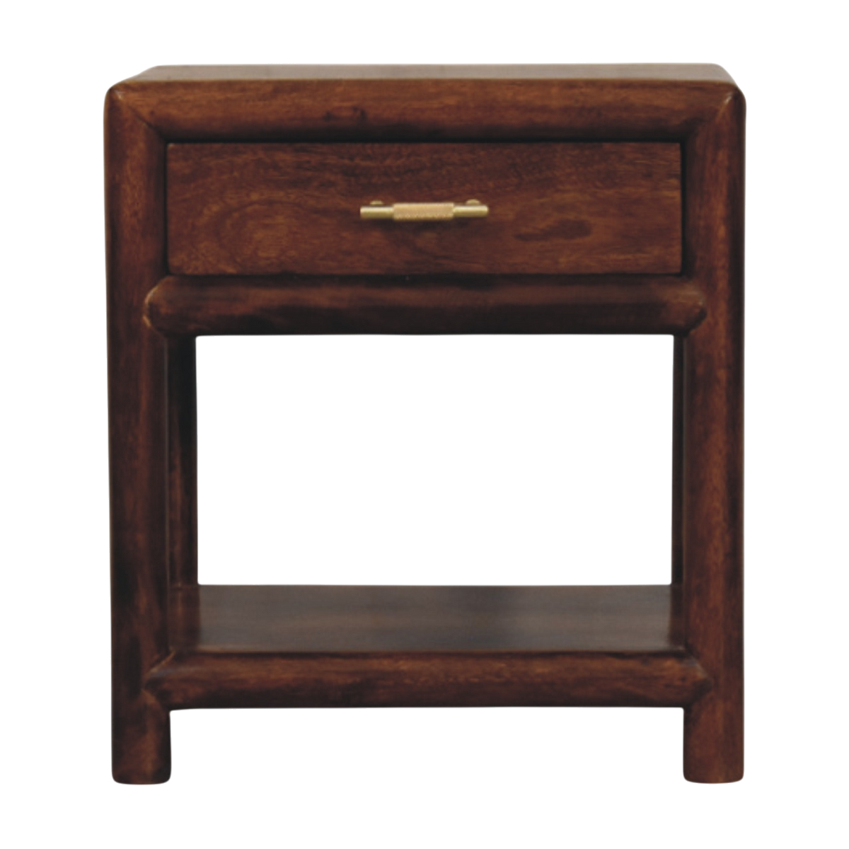 Ashcombe 1-Drawer Bedside Table with Shelf in Chestnut, front view. Chestnut hardwood, one drawer and a shelf.