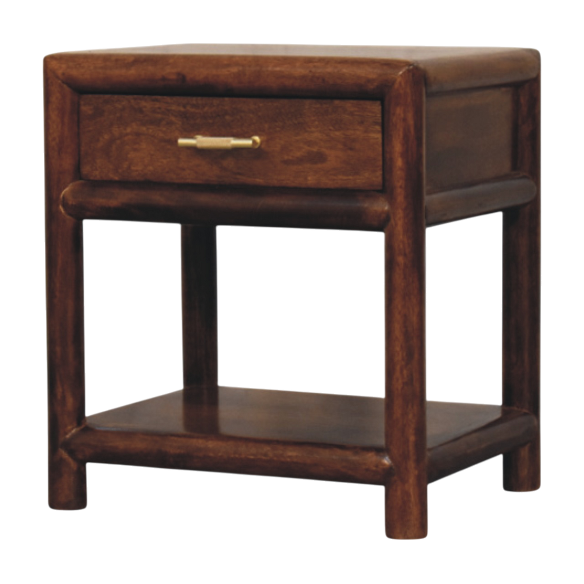Ashcombe 1-Drawer Bedside Table with Shelf in Chestnut, three-quarter view showing the full profile.