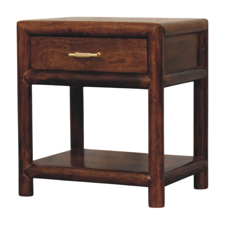 Ashcombe 1-Drawer Bedside Table with Shelf in Chestnut, three-quarter view showing the full profile.