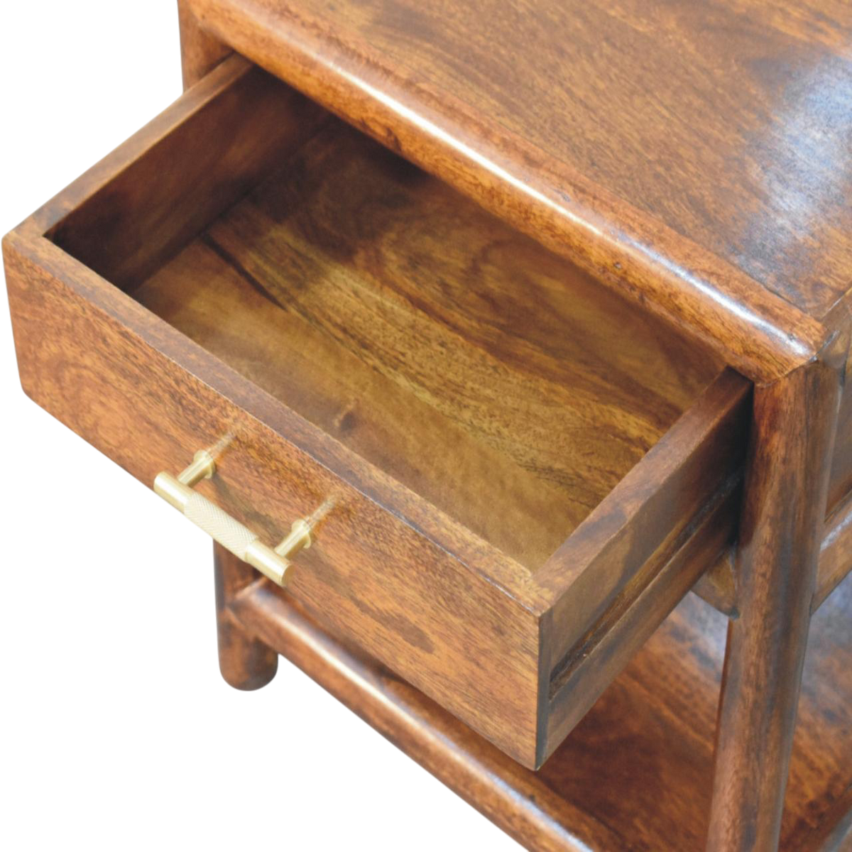 Ashcombe 1-Drawer Bedside Table with Shelf in Chestnut, shown with a drawer open.