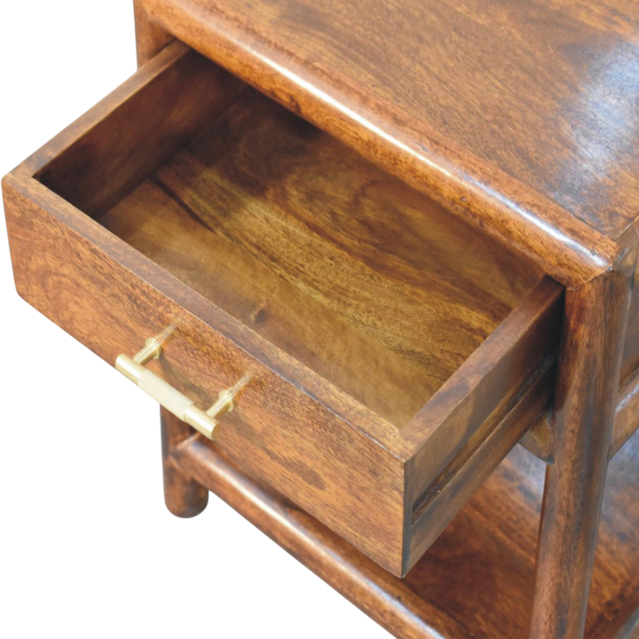 Ashcombe 1-Drawer Bedside Table with Shelf in Chestnut, shown with a drawer open.