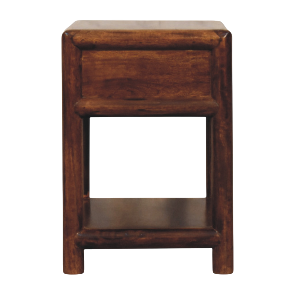 Ashcombe 1-Drawer Bedside Table with Shelf in Chestnut, side view showing the depth.