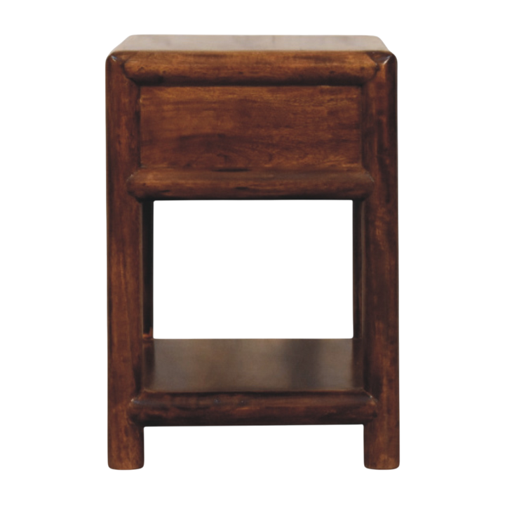 Ashcombe 1-Drawer Bedside Table with Shelf in Chestnut, side view showing the depth.