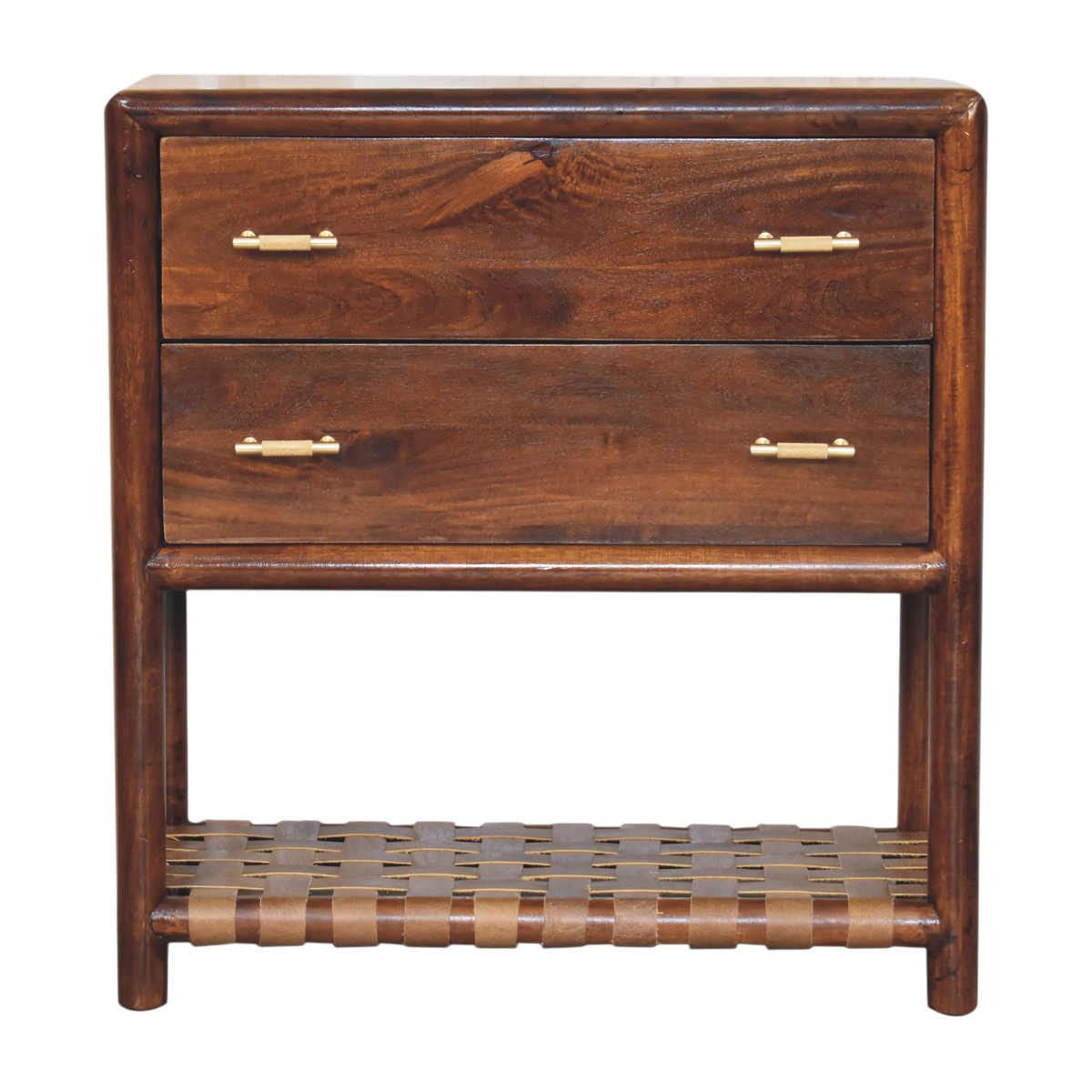 Ashcombe 2-Drawer Bedside Table with Woven Shelf in Chestnut, front view. Solid hardwood in a chestnut finish, two compact drawers with brass bar handles.