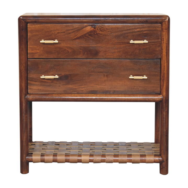 Ashcombe 2-Drawer Bedside Table with Woven Shelf in Chestnut, front view. Solid hardwood in a chestnut finish, two compact drawers with brass bar handles.