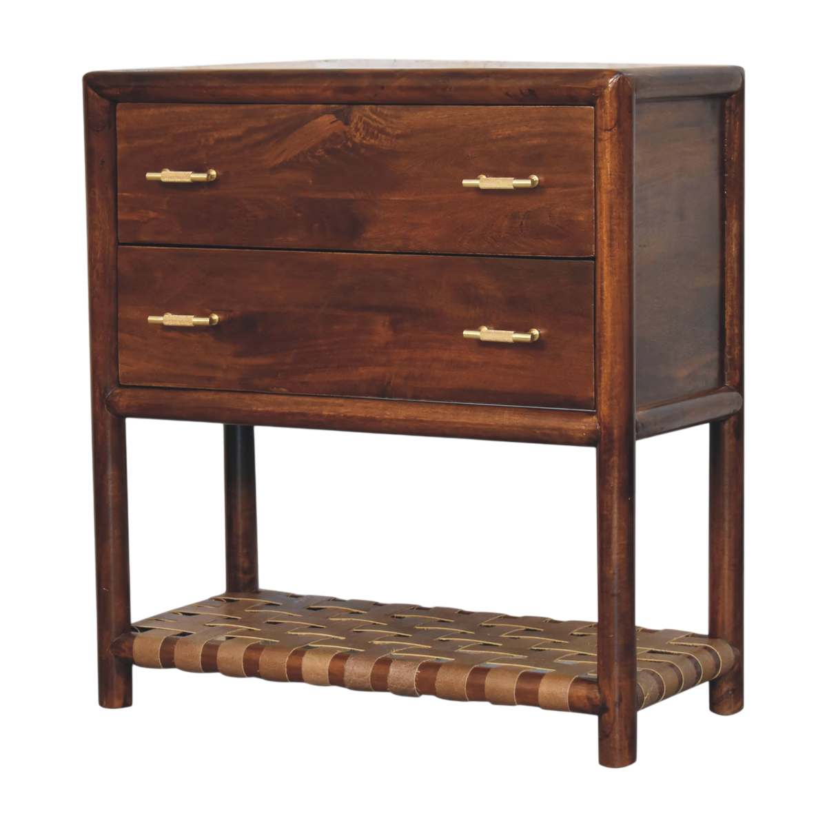 Ashcombe 2-Drawer Bedside Table with Woven Shelf in Chestnut, three-quarter view showing the full profile.