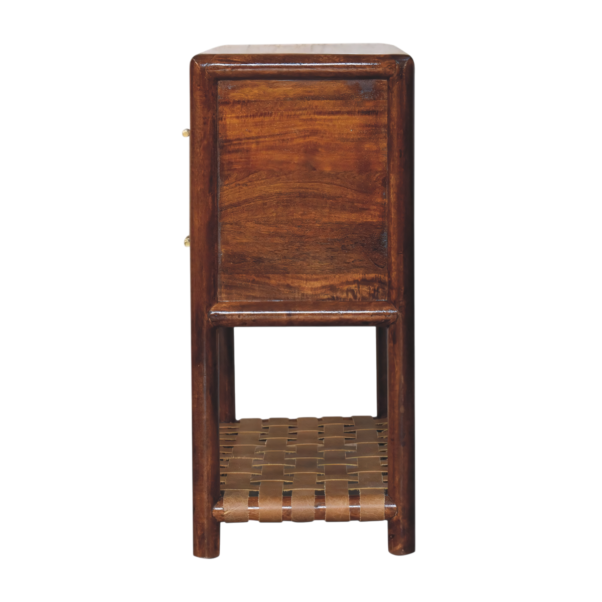 Ashcombe 2-Drawer Bedside Table with Woven Shelf in Chestnut, side view showing the depth.