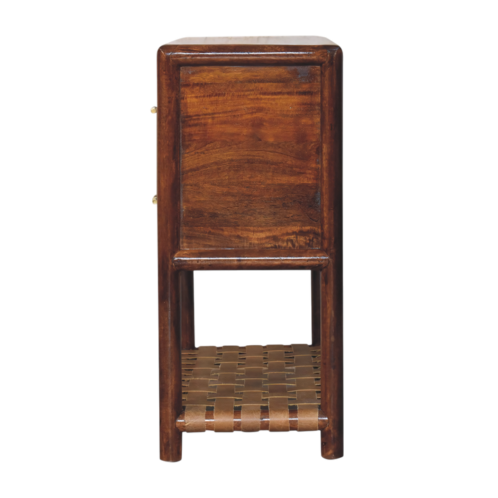 Ashcombe 2-Drawer Bedside Table with Woven Shelf in Chestnut, side view showing the depth.