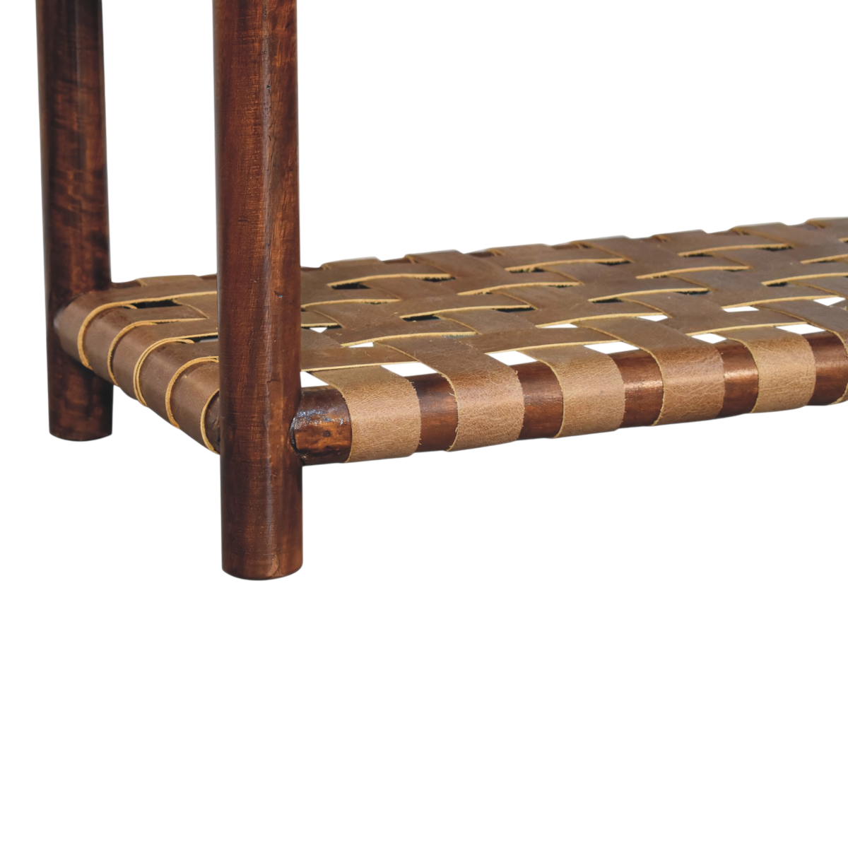 Close view of the weave on the Ashcombe 2-Drawer Bedside Table with Woven Shelf in Chestnut.