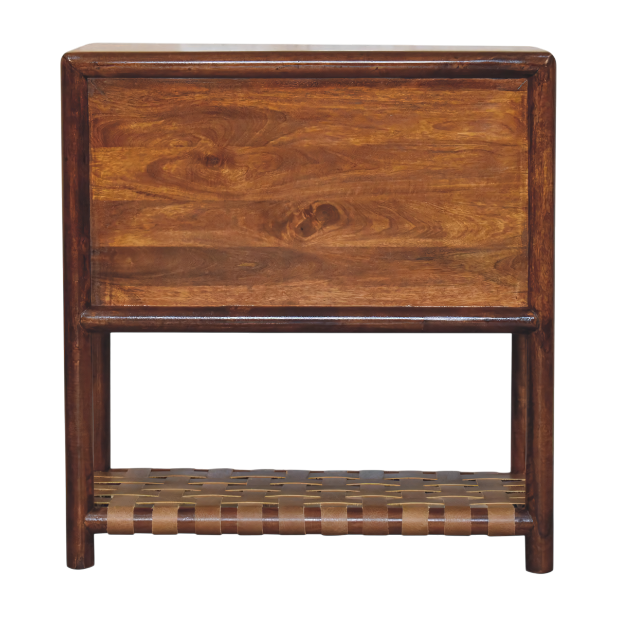 Ashcombe 2-Drawer Bedside Table with Woven Shelf in Chestnut, rear view.