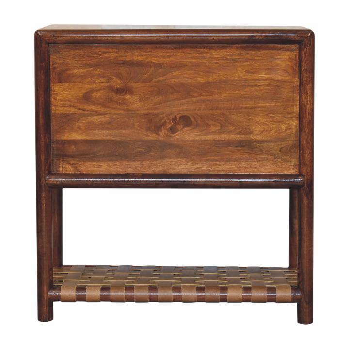 Ashcombe 2-Drawer Bedside Table with Woven Shelf in Chestnut, rear view.