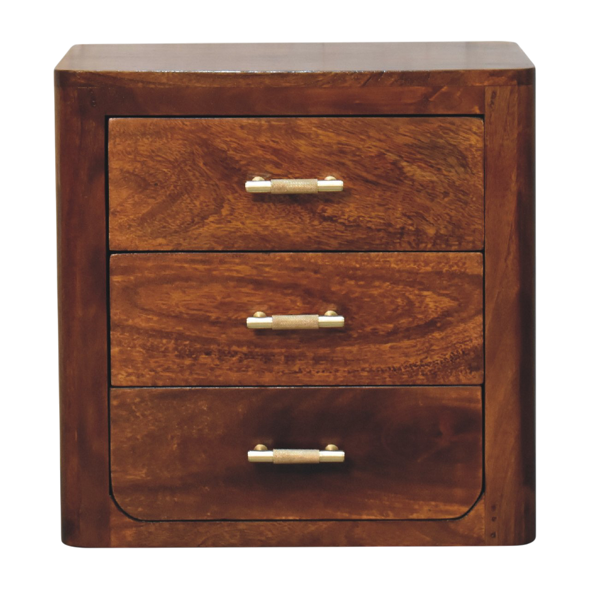 Ashcombe 3-Drawer Bedside Table in Russet, front view. Russet hardwood with three drawers and golden bar pulls.
