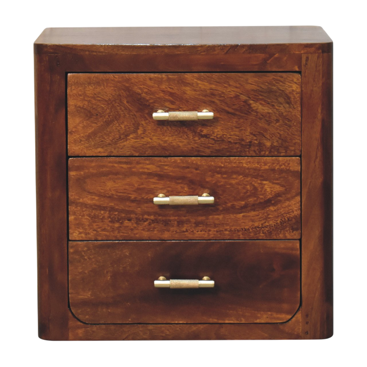 Ashcombe 3-Drawer Bedside Table in Russet, front view. Russet hardwood with three drawers and golden bar pulls.