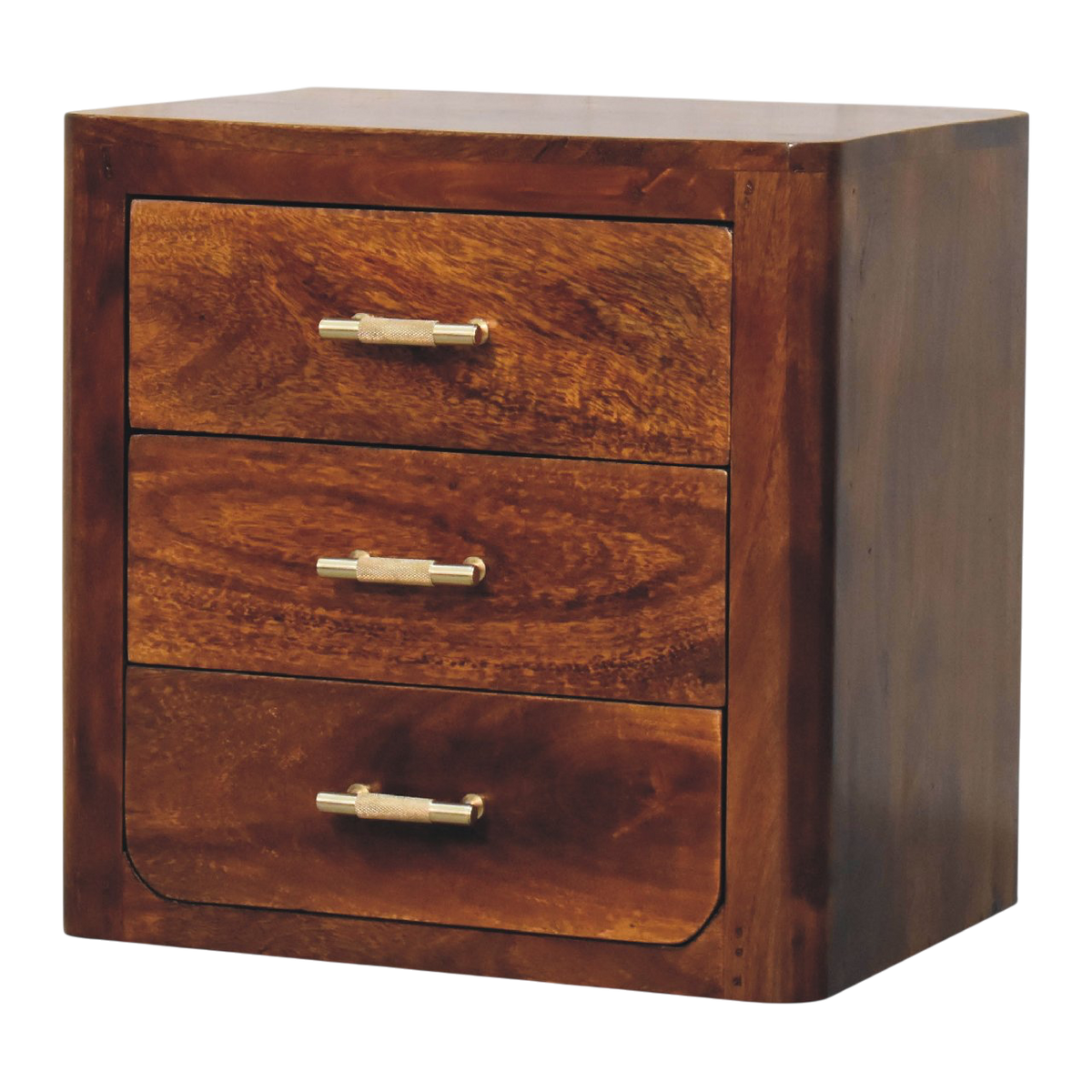 Ashcombe 3-Drawer Bedside Table in Russet, three-quarter view showing the full profile.