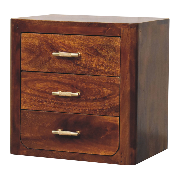 Ashcombe 3-Drawer Bedside Table in Russet, three-quarter view showing the full profile.