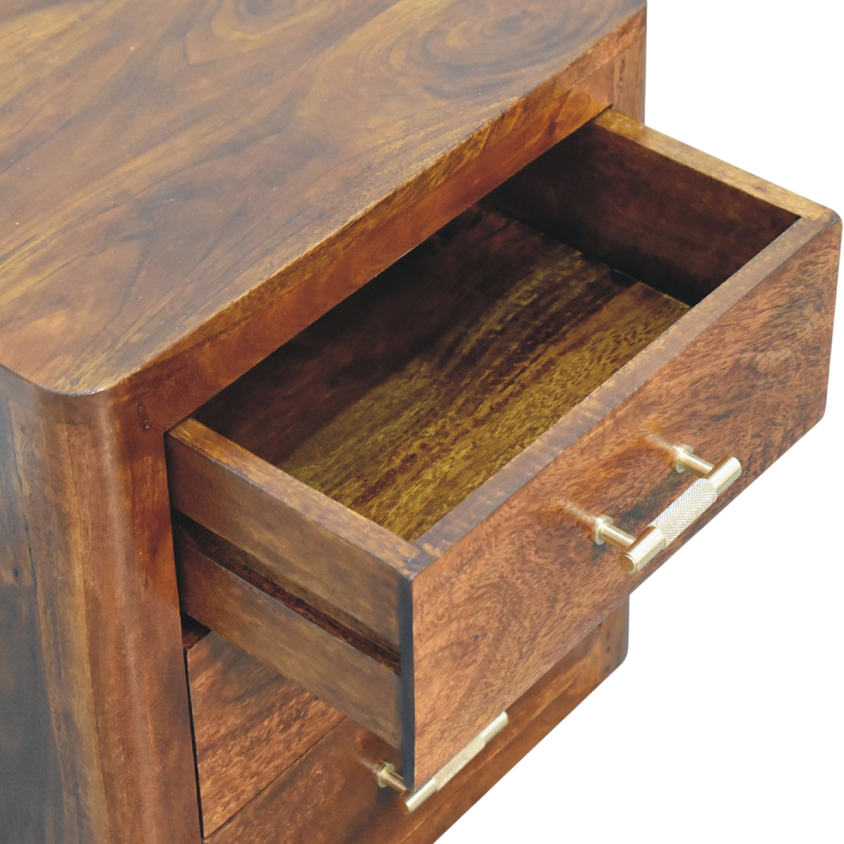 Ashcombe 3-Drawer Bedside Table in Russet, shown with a drawer open.